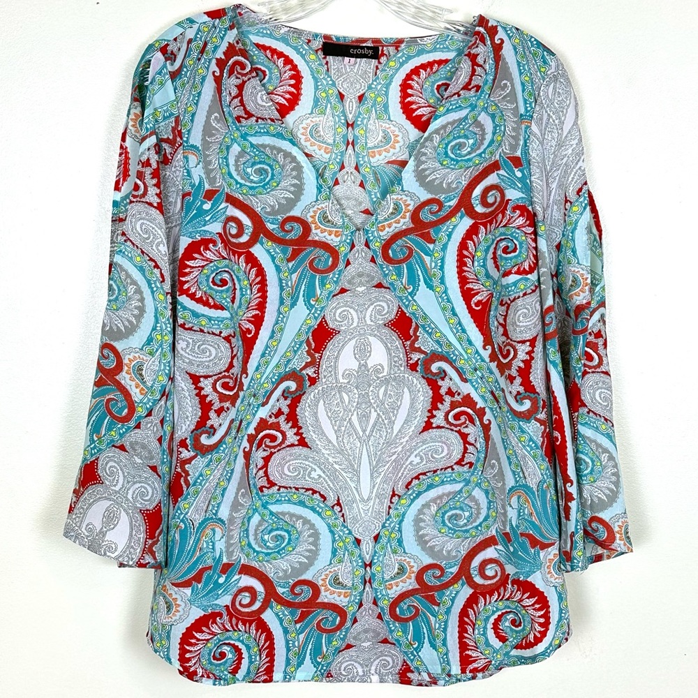 CROSBY. Boho Paisley Print Cutout 3/4 sleeve top V-Neck Tunic shirt, Size L